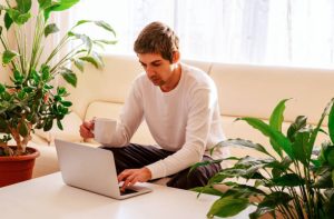 A work desk with natural light and air-purifying plants, promoting a healthy environment