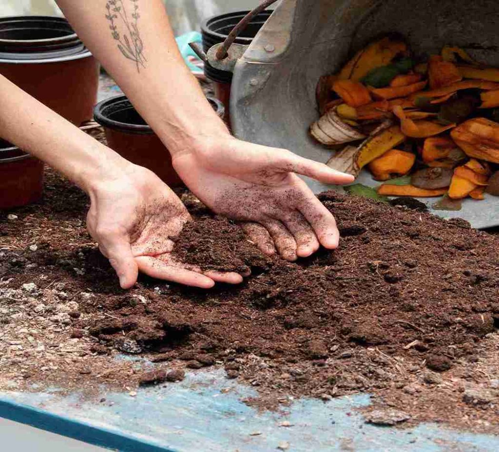 Hands holding nutrient-rich compost made from kitchen waste, with a compost bin and pots in the background.