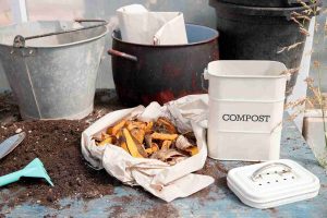 DIY indoor plant fertilizer setup with compost bin, banana peels, and gardening tools