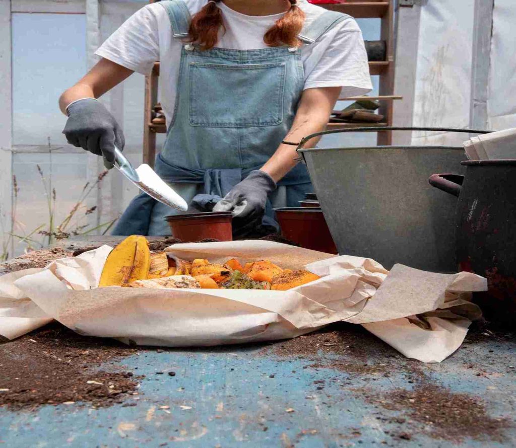 Woman making DIY fertilizer for indoor plants using kitchen waste like banana peels and vegetables.